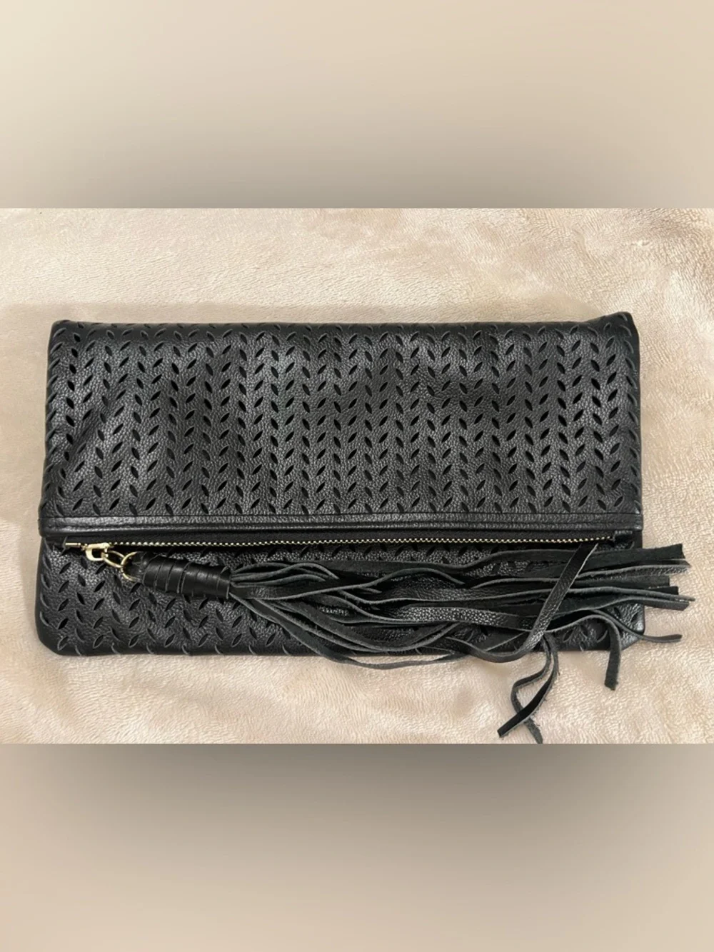 B-Low the Belt Perforated Leather Foldover Tassel Clutch